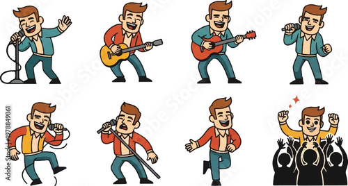 Cartoon illustrations of a man performing with microphone and guitars in various poses