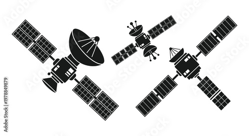 A detailed depiction of several satellites in space showcasing their solar panels and antennas a striking silhouette high quality professional modern