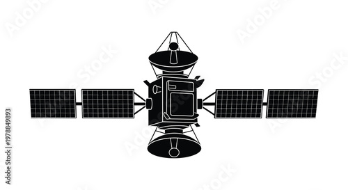 A detailed black silhouette of a spacecraft with prominent solar panels and antennae showcasing space technology silhouette high quality professional modern