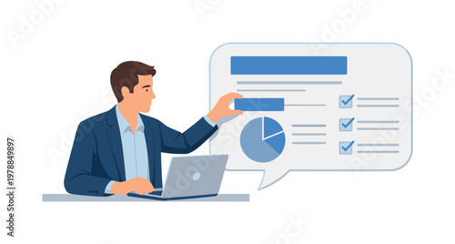 A professional improving communication clarity during a focused work interaction, sitting with a laptop while adjusting a simple speech bubble panel with structured