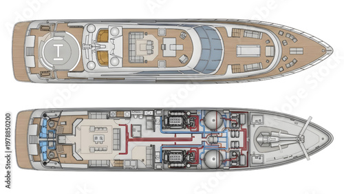 Detailed Luxury Motor Yacht CAD Blueprint Technical Schematic with Deck Layout and Engine Design Isolated on White Background