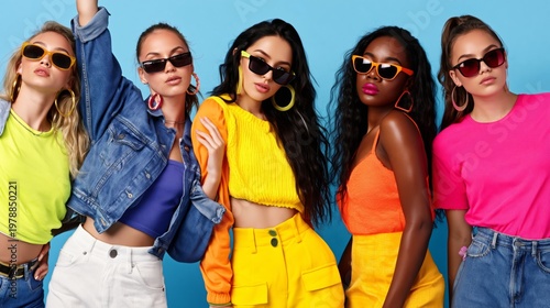 Fashion Models Pose in Colorful Outfits Against a Vibrant Backdrop in a Studi...