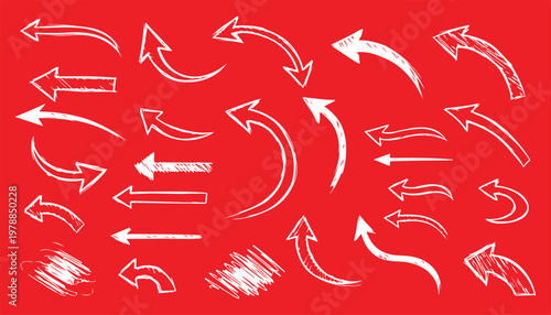 Hand drawn arrow vector set — doodle sketch curved arrows and symbols in black ink