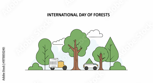 International Day of Forests vector illustration with diverse trees and eco friendly vehicles promoting conservation efforts.