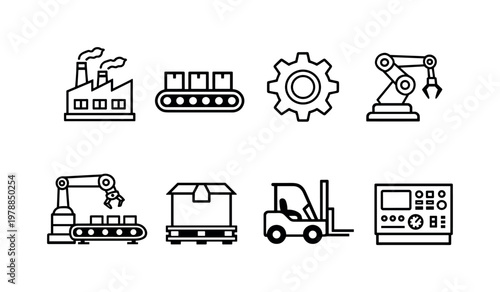 Factory production: factory building, conveyor belt, gear cog, robotic arm, assembly line, storage box, forklift, control panel.