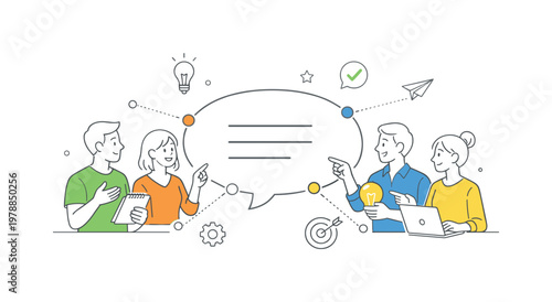 A team alignment and communication clarity scene featuring a small group synchronizing ideas around a large speech bubble and connecting lines, using a simple visual