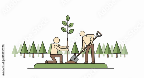 Flat vector illustration of people planting a tree in a forest setting, symbolizing environmental care and reforestation efforts.