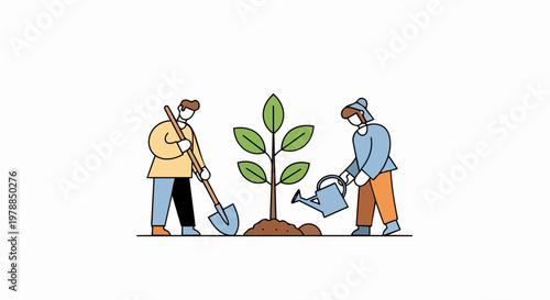 Planting tree vector illustration with people gardening and watering sapling for environmental concept.
