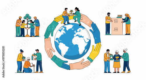 Global community support vector illustration showing diverse people helping each other around the earth. Global community support concept for unity and cooperation.