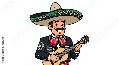 Cartoon mariachi musician, sombrero, guitar, Mexican icon, colorful character, festive illustration