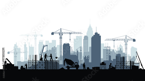 Dramatic black-and-white silhouette of a bustling construction site against a city skyline at twilight. Ideal for business, urban development, architecture, and industrial projects.