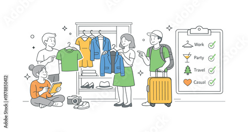 A wardrobe planning concept where people organize and select clothing for different occasions and needs, visualized by a small group interacting near a simple closet and