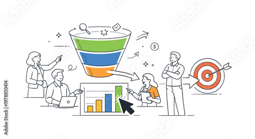 A digital marketing optimization scenario where professionals monitor key metrics and adjust campaigns in real time for better engagement, represented by a minimal