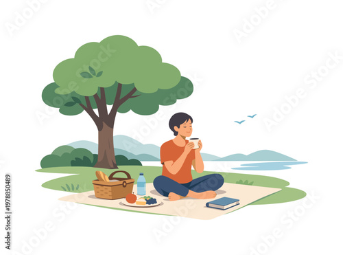 A peaceful outdoor scene where an individual enjoys a quiet picnic alone, reflecting mindfulness, rest, and personal time in nature, a simple blanket paired with a tree
