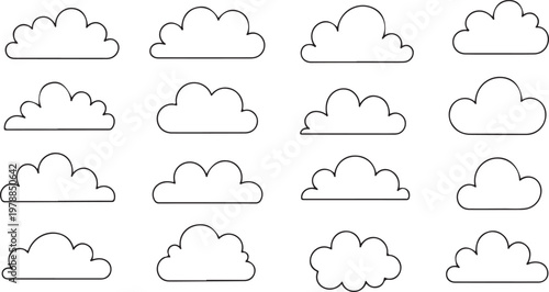 Collection of cloud silhouettes in various shapes, black fluffy sky elements set, minimal vector illustration isolated