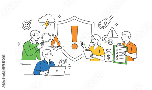 A risk management and business protection scene showing a small team assessing potential issues around a large shield and an exclamation mark symbol, using a clear visual