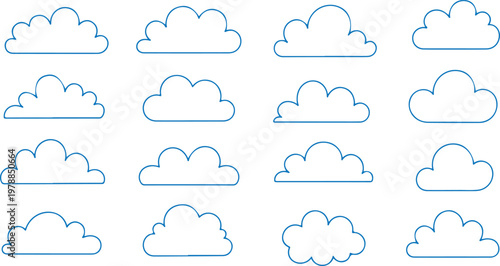 Collection of cloud silhouettes in various shapes, black fluffy sky elements set, minimal vector illustration isolated
