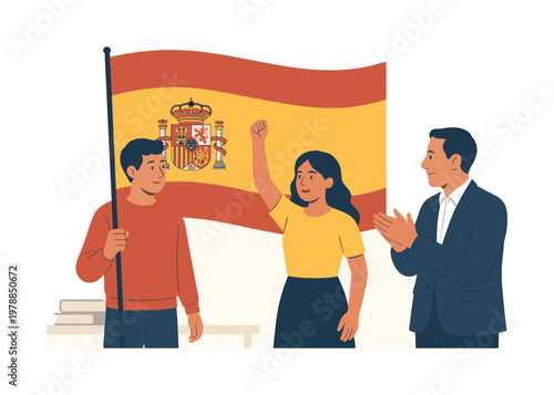 National identity and cultural pride concept centered on the Spain flag displayed in civic or educational contexts to represent heritage and unity, symbolized by a