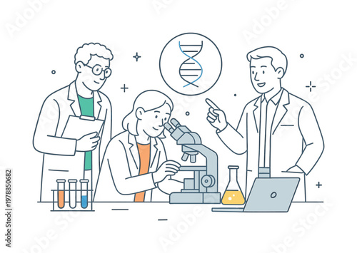 Genetic research biotechnology concept featuring scientists collaborating to understand genetic structures and develop new solutions, using a lab workstation and a single