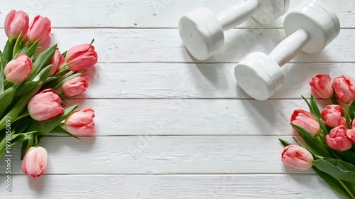 Weight Training With Flowers on a Wooden Table in a Bright Indoor Space