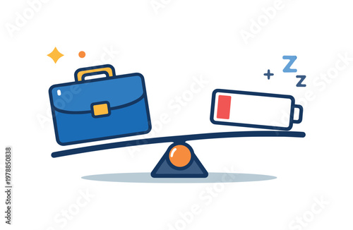 Work fatigue and recovery need emphasizing imbalance between effort and energy in daily routines, a balance scale tilted with a briefcase on one side and a low battery
