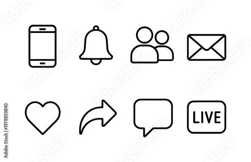 Social networking online: smartphone chat, notification bell, friend request icon, message inbox, heart reaction, share icon, comment bubble, live stream icon.