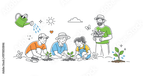 Gardening lifestyle scene showing a small group of people planting and caring for plants together in a home garden environment, with a watering can and a single growing