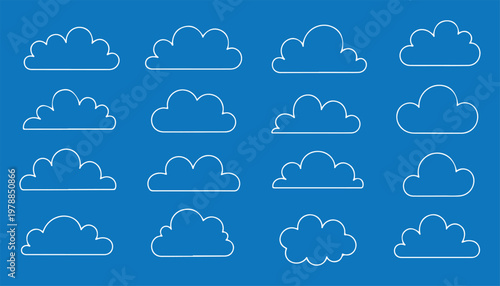 Collection of cloud silhouettes in various shapes, black fluffy sky elements set, minimal vector illustration isolated