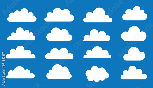 Collection of cloud silhouettes in various shapes, black fluffy sky elements set, minimal vector illustration isolated