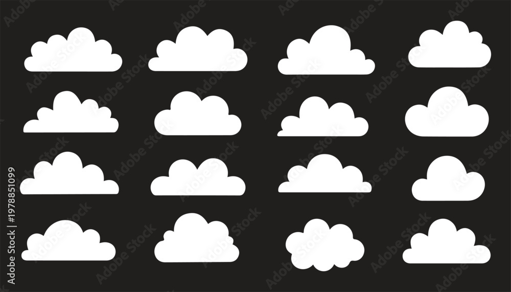 Obraz premium Collection of cloud silhouettes in various shapes, black fluffy sky elements set, minimal vector illustration isolated