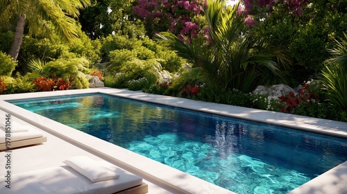 Swimming Pool Surrounded by Plants and Flowers in a Sunny Garden Setting
