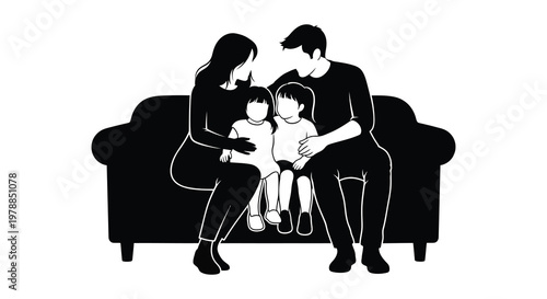 A loving family of four sits closely together on a sofa creating a heartwarming and intimate scene silhouette high quality