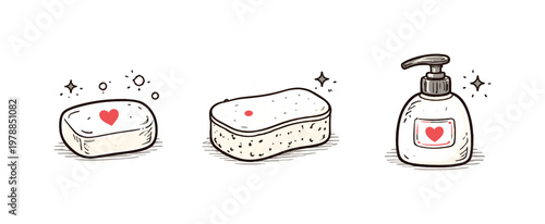 Simple bathroom wash theme a horizontal row of 3 related hand-drawn objects on a white background: a small soap bar with a tiny red heart imprint, a simple sponge with