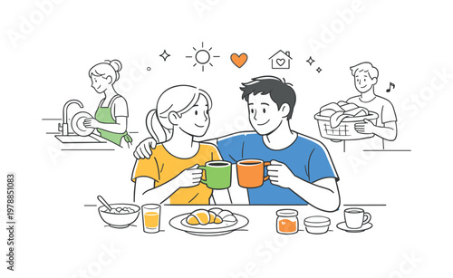 Newlyweds daily routine scenario showing a couple sharing simple everyday activities and adapting to a new lifestyle together in a harmonious environment, using a