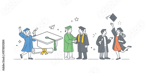 A graduation ceremony scenario where students celebrate completing their education in a formal academic setting, shown through a small group interacting near a simple