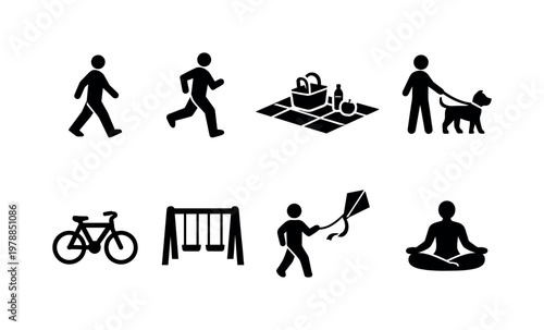Park activities: walking person, jogging runner, picnic blanket, dog on leash, bicycle, playground swing, kite flying, yoga pose.
