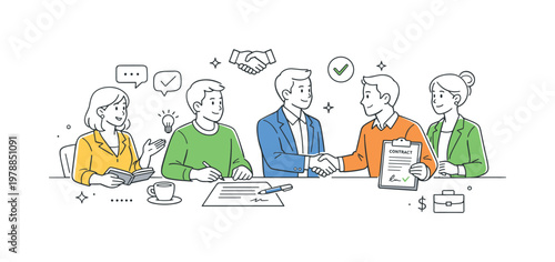 Business partnership negotiation concept illustrating stakeholders discussing terms and reaching agreements in a professional setting, using a document and a handshake as