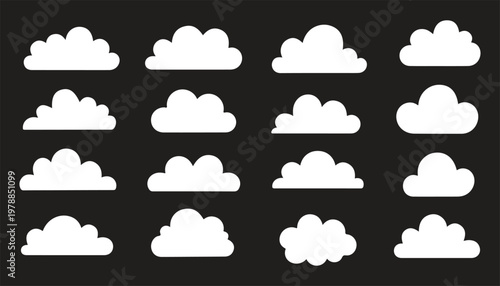 Collection of cloud silhouettes in various shapes, black fluffy sky elements set, minimal vector illustration isolated