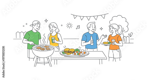A backyard barbecue setting where individuals cook and enjoy grilled food during a social gathering, illustrated by a small group interacting near a simple grill and food