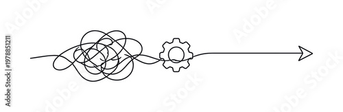 Transforming a chaotic workflow into a clear streamlined process in a demanding professional environment, a continuous line forming irregular tangled paths that smoothly