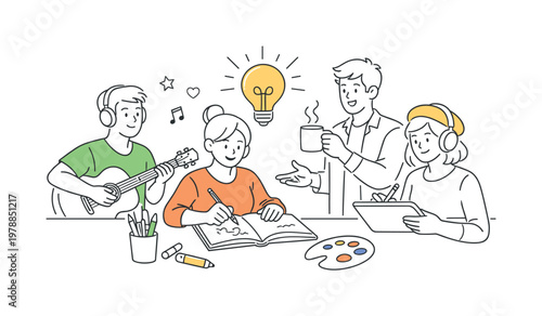 A modern lifestyle scenario where individuals integrate creativity into everyday routines and personal expression, illustrated through a clean scene featuring a workspace