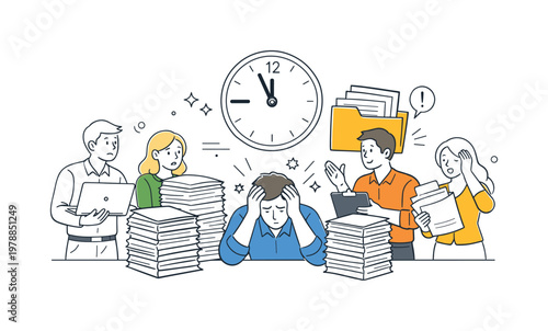 Work overload and administrative pressure in a professional environment where individuals struggle to manage excessive documentation and tasks, represented by a clear