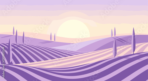 Serene pastel landscape with rolling hills and sunrise in minimalist style