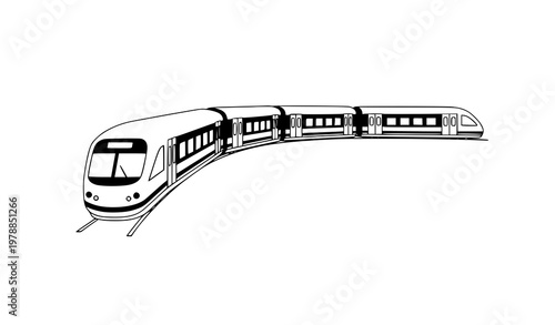 Passenger train front perspective entering curve dynamic vector illustration isolated on white background
