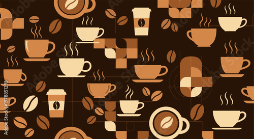 Coffee lovers delight: seamless pattern with cups, beans, and steam in warm tones