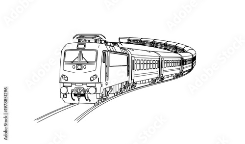 Passenger train engine leading cars into curve vector illustration railway transport isolated on white background