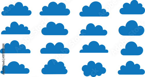 Collection of cloud silhouettes in various shapes, black fluffy sky elements set, minimal vector illustration isolated