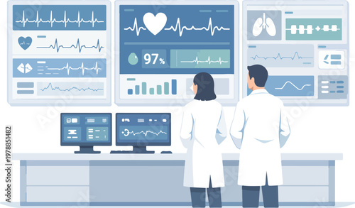 Modern flat illustration of a medical team analyzing patient data on digital dashboards. Perfect for healthcare technology, hospital systems, medical innovation, and smart health solutions.