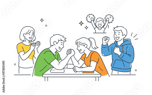 A casual social and recreational scenario where people participate in simple physical challenges for fun and bonding, depicted through a simple scene with an arm
