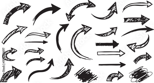 Hand drawn arrow vector set — doodle sketch curved arrows and symbols in black ink